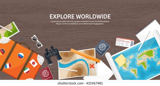 Travel,tourism vector illustration in a flat style.World travel banner.Summer holidays, vacation.Travel around the world.Journey,trip plan.Tourists tips.International tourism.World map,suitcase