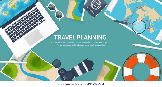 Travel,tourism vector illustration in a flat style.World travel banner.Summer holidays, vacation.Travel around the world.Journey,trip plan.Tourists tips.International tourism.World map,camera,laptop