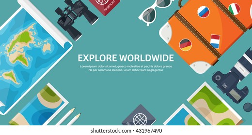 Travel,tourism vector illustration in a flat style.World travel banner.Summer holidays, vacation.Travel around the world.Journey,trip plan.Tourists tips.International tourism.World map,suitcase