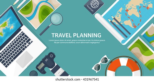 Travel,tourism vector illustration in a flat style.World travel banner.Summer holidays, vacation.Travel around the world.Journey,trip plan.Tourists tips.International tourism.World map,camera,laptop