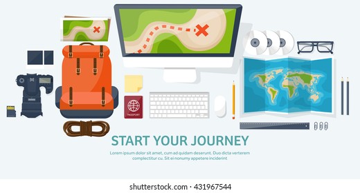 Travel,tourism vector illustration in a flat style.World travel banner.Summer holidays, vacation.Travel around the world.Journey,trip plan.Tourists tips.International tourism.World map,camera,backpack