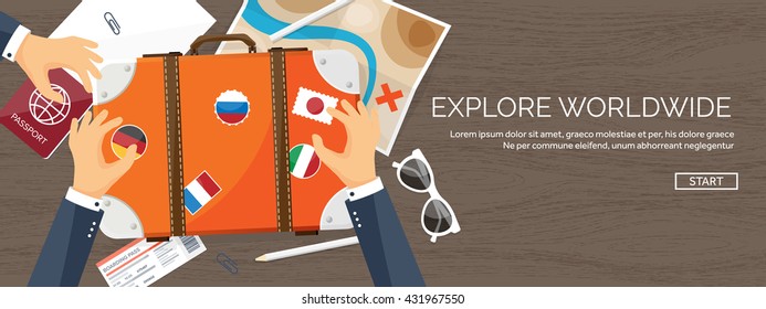 Travel,tourism vector illustration in a flat style.World travel banner.Summer holidays, vacation.Travel around the world.Journey,trip plan.Tourists tips.International tourism.World map,suitcase,hand