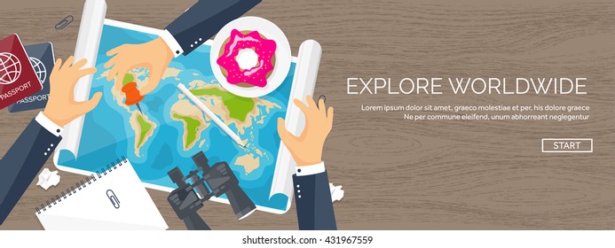 Travel,tourism vector illustration in a flat style.World travel banner.Summer holidays, vacation.Travel around the world.Journey,trip plan.Tourists tips. International tourism. World map,hand