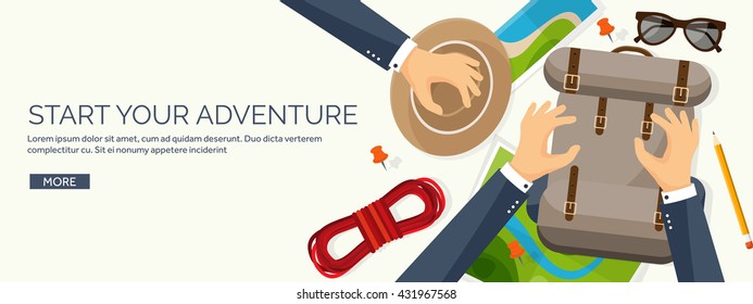 Travel,tourism vector illustration in a flat style.World travel banner.Summer holidays, vacation.Travel around the world.Journey,trip plan.Tourists tips. International tourism. World map,backpack