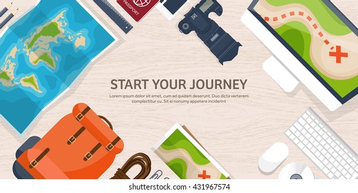 Travel,tourism vector illustration in a flat style.World travel banner.Summer holidays, vacation.Travel around the world.Journey,trip plan.Tourists tips. International tourism. World map, backpack.