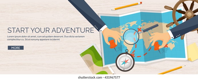 Travel,tourism vector illustration in a flat style.World travel banner.Summer holidays, vacation.Travel around the world.Journey,trip plan.Tourists tips. International tourism. World map, compass.