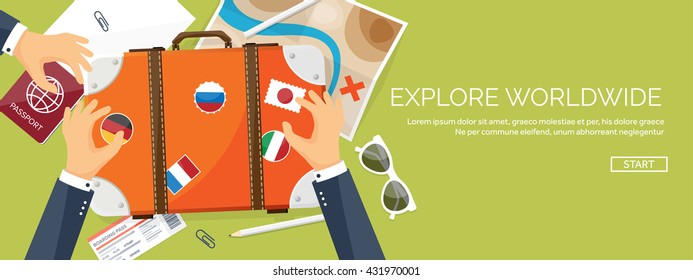 Travel,tourism vector illustration in a flat style.World travel banner.Summer holidays, vacation.Travel around the world.Journey,trip plan.Tourists tips. International tourism. World map, suitcase.