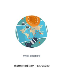 Travel,tourism vector illustration in a flat style.World travel banner.Summer holidays, vacation.Travel around the world.Journey,trip plan.Tourists tips. International tourism. World map