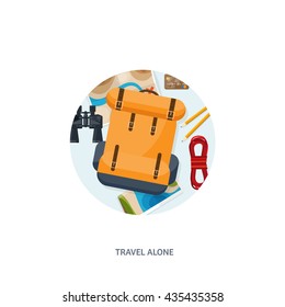 Travel,tourism vector illustration in a flat style.World travel banner.Summer holidays, vacation.Travel around the world.Journey,trip plan.Tourists tips. International tourism. World map
