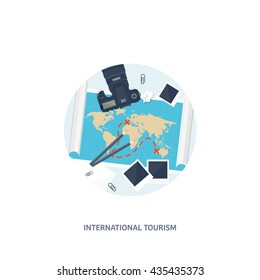 Travel,tourism vector illustration in a flat style.World travel banner.Summer holidays, vacation.Travel around the world.Journey,trip plan.Tourists tips. International tourism. World map