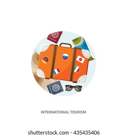 Travel,tourism vector illustration in a flat style.World travel banner.Summer holidays, vacation.Travel around the world.Journey,trip plan.Tourists tips. International tourism. World map