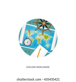 Travel,tourism vector illustration in a flat style.World travel banner.Summer holidays, vacation.Travel around the world.Journey,trip plan.Tourists tips. International tourism. World map