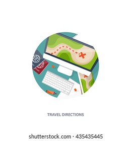 Travel,tourism vector illustration in a flat style.World travel banner.Summer holidays, vacation.Travel around the world.Journey,trip plan.Tourists tips. International tourism. World map