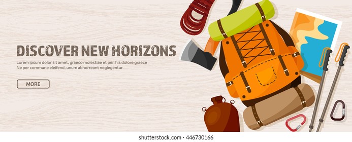 Travel,tourism vector illustration in a flat style.World travel banner.Summer holidays, vacation.Travel around the world.Journey,trip plan.Tourists tips.International tourism.Hiking and camping.