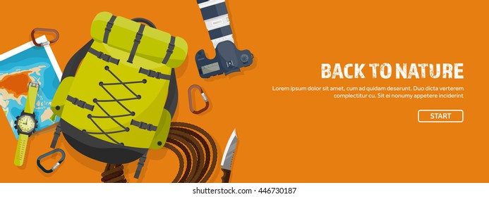 Travel,tourism vector illustration in a flat style.World travel banner.Summer holidays, vacation.Travel around the world.Journey,trip plan.Tourists tips.International tourism.Hiking and camping.