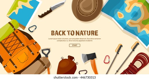 Travel,tourism vector illustration in a flat style.World travel banner.Summer holidays, vacation.Travel around the world.Journey,trip plan.Tourists tips.International tourism.Hiking and camping.
