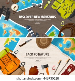 Travel,tourism vector illustration in a flat style.World travel banner.Summer holidays, vacation.Travel around the world.Journey,trip plan.Tourists tips.International tourism.Hiking and camping.
