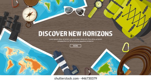 Travel,tourism vector illustration in a flat style.World travel banner.Summer holidays, vacation.Travel around the world.Journey,trip plan.Tourists tips.International tourism.Hiking and camping.