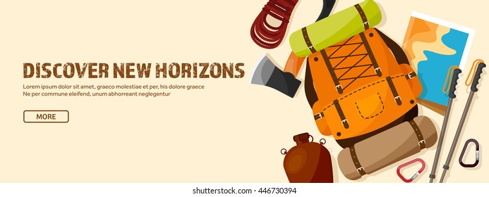 Travel,tourism vector illustration in a flat style.World travel banner.Summer holidays, vacation.Travel around the world.Journey,trip plan.Tourists tips.International tourism.Hiking and camping.