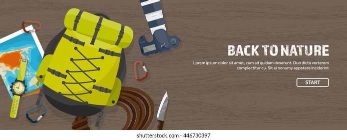 Travel,tourism vector illustration in a flat style.World travel banner.Summer holidays, vacation.Travel around the world.Journey,trip plan.Tourists tips.International tourism.Hiking and camping.