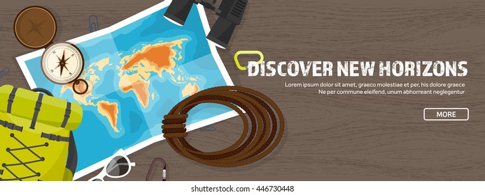 Travel,tourism vector illustration in a flat style.World travel banner.Summer holidays, vacation.Travel around the world.Journey,trip plan.Tourists tips.International tourism.Hiking and camping.