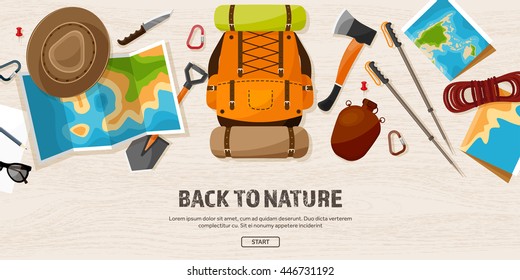 Travel,tourism vector illustration in a flat style.World travel banner.Summer holidays, vacation.Travel around the world.Journey,trip plan.Tourists tips.International tourism.Hiking and camping.