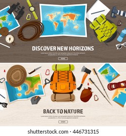 Travel,tourism vector illustration in a flat style.World travel banner.Summer holidays, vacation.Travel around the world.Journey,trip plan.Tourists tips.International tourism.Hiking and camping.