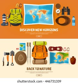 Travel,tourism vector illustration in a flat style.World travel banner.Summer holidays, vacation.Travel around the world.Journey,trip plan.Tourists tips.International tourism.Hiking and camping.