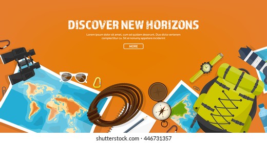 Travel,tourism vector illustration in a flat style.World travel banner.Summer holidays, vacation.Travel around the world.Journey,trip plan.Tourists tips.International tourism.Hiking and camping.