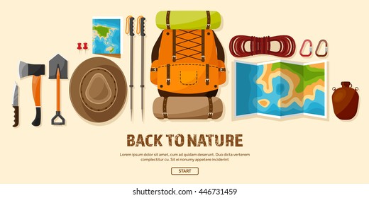 Travel,tourism vector illustration in a flat style.World travel banner.Summer holidays, vacation.Travel around the world.Journey,trip plan.Tourists tips.International tourism.Hiking and camping.