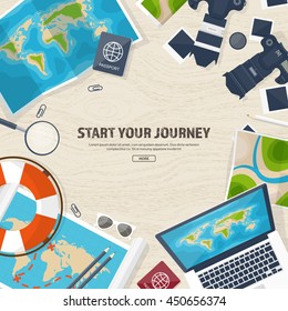 Travel,tourism vector illustration in a flat style.World travel banner.Summer holidays, vacation.Travel around the world.Journey,trip plan.Tourists tips.International tourism.World map,camera,backpack