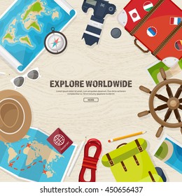 Travel,tourism vector illustration in a flat style.World travel banner.Summer holidays, vacation.Travel around the world.Journey,trip plan.Tourists tips.International tourism.World map,camera,backpack