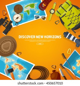Travel,tourism vector illustration in a flat style.World travel banner.Summer holidays, vacation.Travel around the world.Journey,trip plan.Tourists tips.International tourism.World map,camera,backpack
