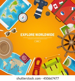 Travel,tourism vector illustration in a flat style.World travel banner.Summer holidays, vacation.Travel around the world.Journey,trip plan.Tourists tips.International tourism.World map,camera,backpack
