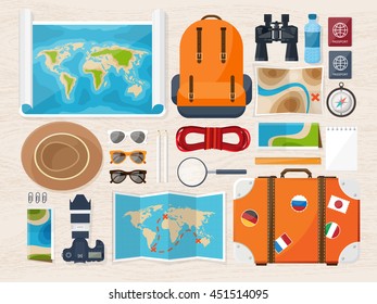 Travel,tourism vector illustration in a flat style.World travel banner.Summer holidays, vacation.Travel around the world.Journey,trip plan.Tourists tips.International tourism.World map,camera,backpack