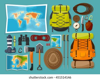 Travel,tourism vector illustration in a flat style.World travel banner.Summer holidays, vacation.Travel around the world.Journey,trip plan.Tourists tips.International tourism.World map,camera,backpack