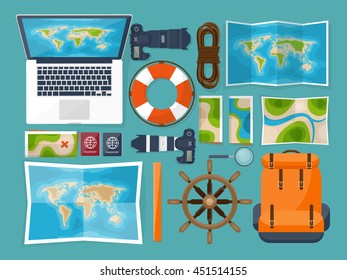 Travel,tourism vector illustration in a flat style.World travel banner.Summer holidays, vacation.Travel around the world.Journey,trip plan.Tourists tips.International tourism.World map,camera,backpack