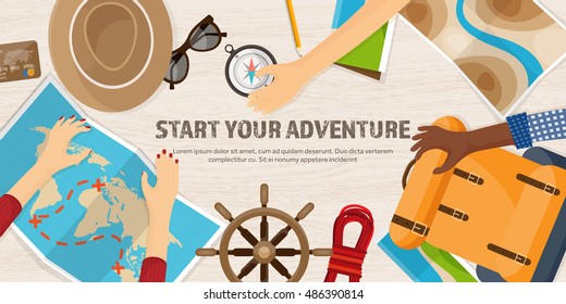 Travel,tourism vector illustration in a flat style.World travel banner.Summer holidays, vacation.Travel around the world.Journey,trip plan.Tourists tips.International tourism.Hiking and camping.Hands