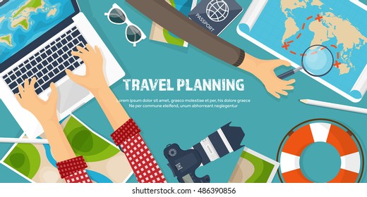 Travel,tourism vector illustration in a flat style.World travel banner.Summer holidays, vacation.Travel around the world.Journey,trip plan.Tourists tips.International tourism.Hiking and camping.Hands