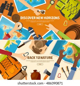 Travel,tourism vector illustration in a flat style.World travel banner.Summer holidays, vacation.Travel around the world.Journey,trip plan.Tourists tips.International tourism.Hiking and camping.Hands