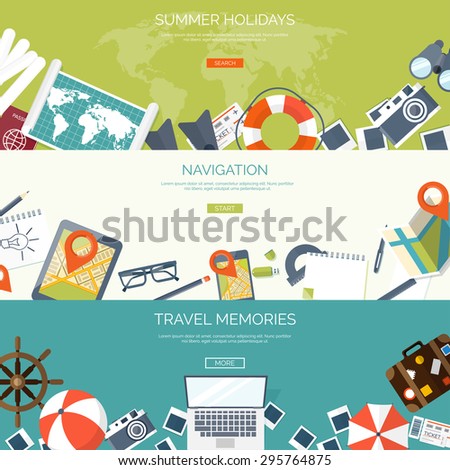 Travel,tourism vector illustration in a flat style.World travel banner.Water tourism.Summer holidays, vacation.Travel around the world.Journey,trip plan.Tourists tips.International tourism. 