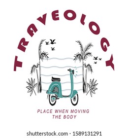 Traveology t-shirt and apparel modern design with styled, abstract, vintage, print, vector illustration.