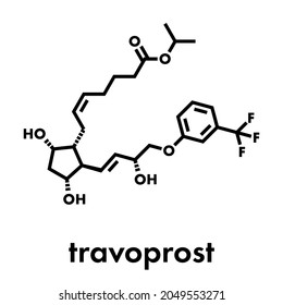 Travoprost eye disease drug molecule. Used in treatment of glaucoma and ocular hypertension. Skeletal formula.