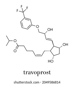 Travoprost eye disease drug molecule. Used in treatment of glaucoma and ocular hypertension. Skeletal formula.