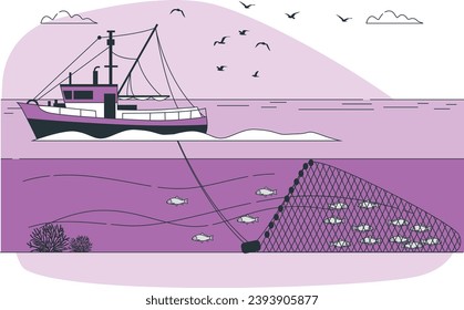 vector del concepto de pesca con redes de arrastre