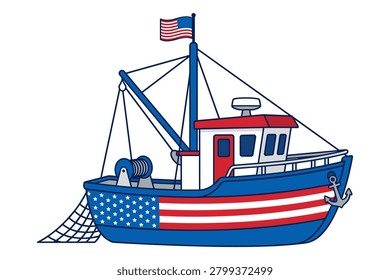 Trawler boat decorated with US flag colors, fishing net, anchor, sea.