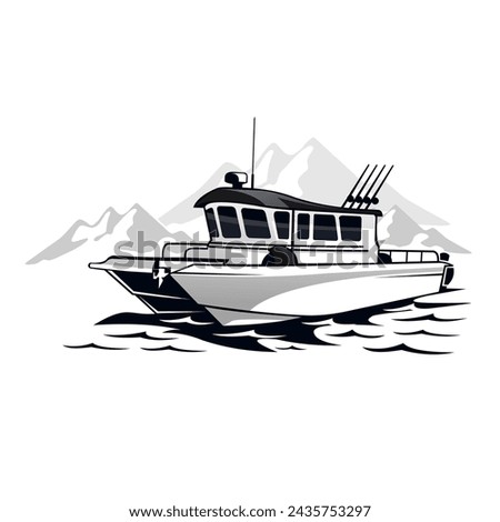 Trawler Boat Logo. Unique and Fresh Trawler fishing Boat Logo with Mountain Background. Great to use as your Trawler fishing bussines. 