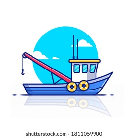 Trawler Boat Ship Cartoon Vector Icon Illustration. Water Transportation Icon Concept Isolated Premium Vector. Flat Cartoon Style