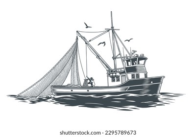 Trawler or commercial fishing boat with nets in the sea, engraving style black and white monochrome vector illustration