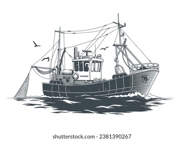 Trawler or fishing boat with nets in the sea, retro engraving style black and white monochrome vector illustration. Good for seafood label packaging or menu design.